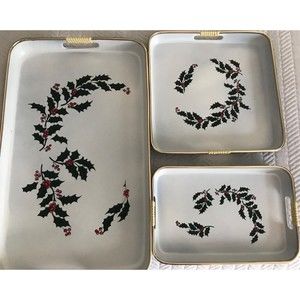 Vintage Set of 3 Christmas Holly Lacquer Trays Japan